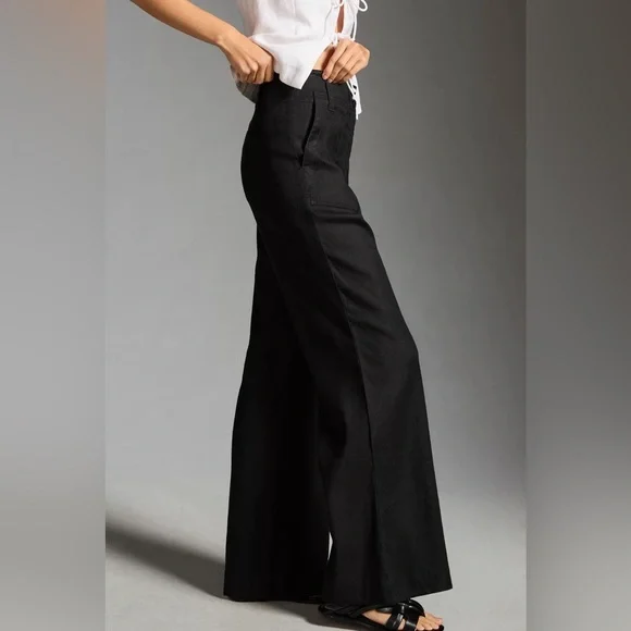 Maeve Anthropologie The Naomi Linen Wide-Leg Flare Pants in Black Size 6 - Picture 3 of 15